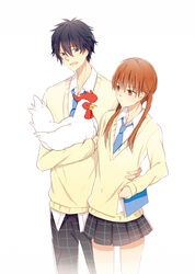  1boy bird black_hair blue_eyes book brown_eyes brown_hair chicken commentary_request female hand_on_own_hip male_chicken mizutani_shizuku nagoya_(kaibutsu-kun) necktie plaid reira_(zetalatte) school_uniform simple_background sweater tonari_no_kaibutsu-kun white_background yoshida_haru 