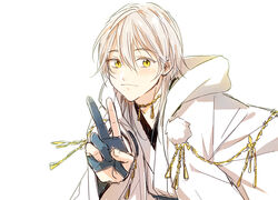  1boy anz_(starry) commentary_request gloves hood japanese_clothes male_focus photoshop_(medium) smile solo touken_ranbu tsurumaru_kuninaga v white_hair yellow_eyes 