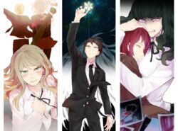  3boys 4girls back black_hair blonde_hair blush braid brown_hair chiyo_(min0yoko) closed_eyes commentary_request crying crying_with_eyes_open danganronpa_(series) danganronpa_3_(anime) formal freckles green_eyes hinata_hajime hope&#039;s_peak_academy_school_uniform hug kamukura_izuru koizumi_mahiru kuzuryu_fuyuhiko kuzuryu_natsumi long_hair multiple_boys multiple_girls pekoyama_peko photo_(object) purple_eyes red_hair satou_(danganronpa) school_uniform short_hair silver_hair spoilers suit tears twin_braids 