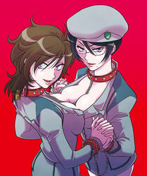  2girls bad_id bad_pixiv_id black_eyes black_hair breast_press breasts brown_hair chains cleavage collar cuffs genderswap_(mtf) glasses gundam gundam_00 handcuffs hat kati_mannequin large_breasts miyayoshi_(bricola) mole mole_under_mouth multiple_girls pantyhose patrick_colasour red_collar rule_63 short_hair symmetrical_docking uniform white_pantyhose 