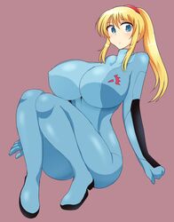  blonde_hair blue_eyes breasts erect_nipples female full_body gigantic_breasts huge_breasts long_hair metroid ponytail samus_aran simple_background sitting skin_tight solo wedge zero_suit 