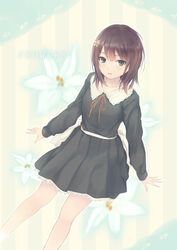  bare_legs black_eyes coffee-kizoku commentary_request copyright_name dress english_text engrish_text female flower flowers_(innocent_grey) hair_ornament hairclip highres innocent_grey kousaka_mayuri long_hair long_sleeves looking_at_viewer looking_up open_mouth photoshop_(medium) purple_hair ranguage school_uniform sitting solo typo 