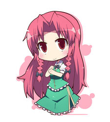  :&gt; blush braid chibi commentary_request female hong_meiling ladfa long_hair no_headwear photoshop_(medium) red_eyes red_hair solo touhou twin_braids 