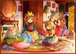  4girls adjusting_clothes adjusting_headwear ahoge animal_ears beads blue_eyes book border bottle bow brown_hair cape cat_ears cat_tail closed_eyes commentary crown desk drawer dress green_eyes hairbow hairdressing hand_mirror hat head_rest headdress indoors jewelry lamp light_particles lolicon long_hair looking_at_another lying mirror multiple_girls necklace on_side open_mouth original painting_(object) perfume_bottle pillow pink_hair playing princess rug scissors short_hair sitting smile stool tail tail_bow tail_ornament tape tati_tachiko 