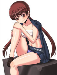  bandages blush brown_eyes brown_hair chest_sarashi commentary_request female foot_out_of_frame highres jacket jacket_on_shoulders musujime_awaki navel no_shirt panties photoshop_(medium) sarashi sitting skirt smile solo striped_clothes striped_panties sueyuu toaru_majutsu_no_index twintails underwear 