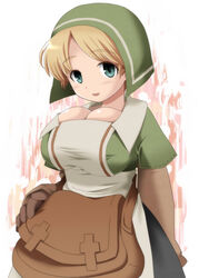  blonde_hair breasts chemist chemist_(fft) cleavage dress female female final_fantasy final_fantasy_tactics green_eyes headdress large_breasts looking_at_viewer lv43 short_hair solo 