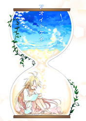  ahoge blonde_hair braid cloud commentary_request dress female hourglass leaf long_hair original plant setsuri_(tubaki) sky solo translated vines 