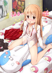  bare_legs barefoot black_thighhighs blonde_hair blush body_pillow bottomless bow bow_bra bra brown_eyes cat-shaped_pillow commentary doma_umaru dress_shirt female highres himouto!_umaru-chan long_hair looking_at_viewer miu_(angelo_whitechoc) nekoronbusu open_mouth panties pillow pink_bra pink_panties shirt sitting skirt solo straddling thighhighs unbuttoned underwear unworn_panties unworn_skirt unworn_thighhighs 