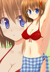  arm_behind_head armpits bikini blue_eyes blue_sarong blush breasts brown_hair cleavage commentary_request female hair_ornament lask lyrical_nanoha mahou_shoujo_lyrical_nanoha_strikers medium_breasts navel plaid plaid_sarong red_bikini sarong short_hair solo swimsuit x_hair_ornament yagami_hayate zoom_layer 