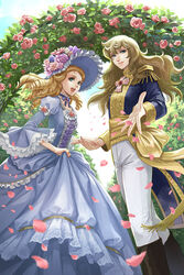  2girls aristocratic_clothes beckoning blonde_hair blue_eyes boots bow choker commentary_request crossdressing day dress drill_hair flower gown hand_on_another&#039;s_hand hat highres hinata_gureko holding_hands jewelry lace-trimmed_sleeves lace_trim long_hair looking_at_viewer marie_antoinette_(versailles_no_bara) multiple_girls open_hand open_mouth oscar_francois_de_jarjayes outdoors outstretched_hand pants petals photoshop_(medium) reverse_trap rose skirt_hold sky smile standing striped striped_bow versailles_no_bara wide_sleeves 