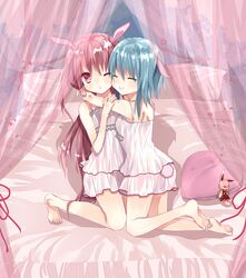  2girls ;o ^_^ animal_ears bad_id bad_pixiv_id barefoot bed blue_hair blush camisole closed_eyes curtains dress heart heart-shaped_pillow highres hug kamichi_miyaki kneeling lingerie long_hair multiple_girls on_bed one_eye_closed original personification pillow pink_hair rabbit_ears rabbit_tail red_eyes short_hair smile stuffed_animal stuffed_rabbit stuffed_toy tail underwear underwear_only very_long_hair 