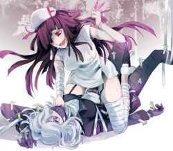  2girls bandages blush chiyo_(min0yoko) commentary_request danganronpa_(series) danganronpa_3_(anime) dark_persona elbow_gloves flipped_hair gloves hair_over_one_eye injection kimura_seiko long_hair mask mole mole_under_eye mouth_mask multiple_girls nurse pink_eyes purple_hair red_eyes saliva silver_hair single_glove spoilers surgical_mask syringe tsumiki_mikan 