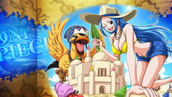  bikini blue_hair breasts carue cleavage clouds duck large_breasts long_hair looking_at_viewer nefertari_vivi one_piece sand sky sun tagme 