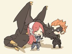  1boy ^_^ ai-wa armor blush_stickers cherche_(fire_emblem) chibi closed_eyes commentary_request dragon female fire_emblem fire_emblem_awakening gerome_(fire_emblem) hairband mask minerva_(fire_emblem_awakening) mother_and_son open_mouth orange_hair pink_hair smile wyvern 