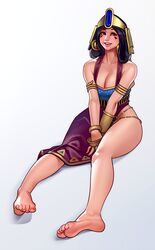  armlet asymmetrical_clothes barefoot black_hair bracelet bracer breasts brown_eyes character_request civilization_(series) cleavage commentary derivative_work dress egyptian feet female folded_hair forehead_jewel headdress highres jewelry kairunoburogu large_breasts lips long_hair purple_dress sitting smile soles solo thighs toes v_arms white_background 