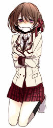  b-ko_(shuuen_no_shiori) black_socks blazer blush brown_hair buttons collared_shirt commentary_request crying double-breasted female hair_between_eyes hair_ribbon jacket kneeling long_bangs long_sleeves looking_at_viewer loose_necktie multicolored_clothes multicolored_jacket naoto_(tulip) necktie parted_lips plaid plaid_skirt pleated_skirt pocket purple_eyes red_necktie red_ribbon red_skirt red_trim ribbon school_uniform self_hug shirt short_hair shuuen_no_shiori_project simple_background skirt socks solo tearing_up tears two-tone_jacket two-tone_necktie white_background white_jacket white_necktie white_shirt 