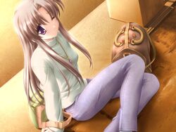  arm_support bag blush brown_hair canvas cocktail_soft denim f&amp;c female female game_cg gayarou jeans jewelry long_hair necklace one_eye_closed pants pendant purple_eye purple_eyes shinomiya_yuu sitting solo sweater turtleneck wink 