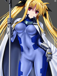  bardiche_(assault_form)_(nanoha) bardiche_(nanoha) blonde_hair bodysuit cape commentary_request cosplay covered_navel dark_persona fate_testarossa female gauntlets grey_background hair_ribbon long_hair lyrical_nanoha mahou_shoujo_lyrical_nanoha_strikers numbers&#039;_uniform red_eyes ribbon sen_(sansui) solo twintails 