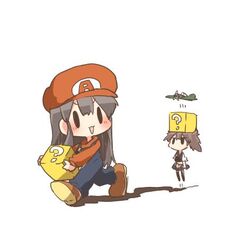  2girls ?_block aircraft airplane akagi_(kancolle) black_eyes black_hair blush box box_on_head brown_hair carrying chibi cosplay dress hat holding holding_box jumping kaga_(kancolle) kantai_collection long_hair lowres mario mario_(cosplay) mario_(series) multiple_girls open_mouth pinafore_dress rebecca_(keinelove) short_hair side_ponytail sleeveless sleeveless_dress smile solid_oval_eyes super_mario_bros._1 