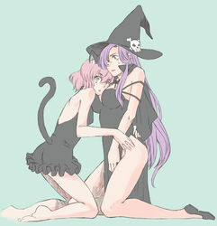  animal_ears bare_shoulders cape cat_ears cat_tail cosplay dress faris_scherwiz female final_fantasy final_fantasy_5 gihachi green_eyes halloween hat kneeling lenna_charlotte_tycoon long_hair pink_hair purple_hair short_hair siblings sisters tail toutoumi witch_hat 