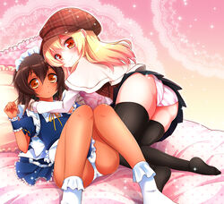  1boy aichi_shiho ass beret black_legwear blonde_hair blush bobby_socks brown_eyes brown_hair bulge cabbie_hat capelet commentary_request dark_skin detective female frilled_pillow frills hat hoshino_daruku ikkyuu_tensai long_hair looking_at_viewer maid maid_headdress orange_eyes otoko_no_ko panties photoshop_(medium) pillow plaid_headwear ribbon ryuugajou_nanana_no_maizoukin short_hair smile socks straight striped_clothes striped_panties thighhighs underwear 