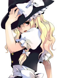  bad_id bad_pixiv_id blonde_hair bow brown_eyes female hairbow hand_on_headwear hat hidaka_ryou kirisame_marisa long_hair photoshop_(medium) puffy_sleeves simple_background solo touhou witch_hat 