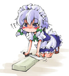  apron blue_dress blush bow braid commentary_request dagger dress female flying_sweatdrops green_bow grey_hair izayoi_sakuya kneeling knife maid maid_headdress puffy_sleeves purple_eyes sharpening shinapuu shirt short_sleeves simple_background smile solo touhou twin_braids waist_apron weapon whetstone white_background 