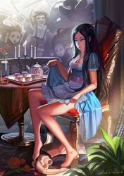  alice:_madness_returns alice_(wonderland) alice_in_wonderland alternate_costume american_mcgee&#039;s_alice barefoot black_hair cup dress feet female fire flower green_eyes highres inoi legs long_hair sitting solo tea 