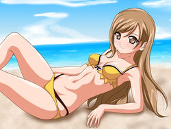  beach bikini brown_eyes brown_hair commentary_request day female inferno_(nanbu14) long_hair lying navel on_back shining_(series) shining_wind solo swimsuit touka_kureha yellow_bikini 