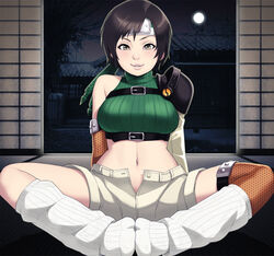  bare_shoulders belt blush breasts brown_eyes brown_hair detached_sleeves feet female final_fantasy final_fantasy_vii footwear full_moon headband indoors looking_at_viewer maoo_aruba maou_alba midriff moon short_hair shorts shoulder_pads sitting sky sleeveless sleeveless_turtleneck socks solo turtleneck unzipped yuffie_kisaragi 