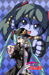  aqua_hair araki_hirohiko_(style) argyle_background chains commentary_request cosplay female gakuran green_eyes hair_ornament hat hatsune_miku jojo_no_kimyou_na_bouken jojo_pose kujo_jotaro kujo_jotaro&#039;s_pose_(jojo) kujo_jotaro_(cosplay) long_coat long_hair mikudayoo pointing pointing_at_viewer pose pxton school_uniform stand_(jojo) star_platinum star_platinum_(cosplay) twintails very_long_hair vocaloid 