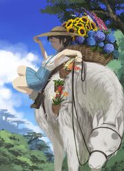  adjusting_clothes adjusting_headwear armpits bad_id bad_pixiv_id basket blue_flower brown_hair cloud commentary day english_commentary female flower flower_request from_side gladiolus hat highres holding holding_reins horse lily_of_the_valley lupinus_(flower) orange_flower orange_tulip original outdoors pachyphytum pink_flower purple_flower red_flower red_tulip reins saddle short_hair skirt sky solo_focus sun_hat sunflower suspender_skirt suspenders sweat tree tulip white_flower wicker_basket yellow_flower 