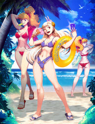  3girls ass barefoot beach bikini bird blonde_hair blue_sky breasts butt_crack capcom capcom_fighting_jam cellphone cleavage cloud commentary day effie_(street_fighter) english_commentary feet final_fight food genryuusai_maki genzoman ice_cream ice_cream_cone ingrid_(capcom) innertube looking_at_viewer medium_breasts multiple_girls nail_polish navel ocean open_mouth outdoors palm_tree phone photoshop_(medium) sandals seagull selfie sky small_breasts smile stomach street_fighter street_fighter_iii_(series) swim_ring swimsuit toenail_polish toenails toes tree unworn_shirt water 