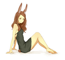  animal_ears arm_support bad_id bad_pixiv_id barefoot brown_eyes brown_hair closed_mouth commentary_request dress female from_side full_body looking_at_viewer mgg_(x_arte) original rabbit_ears rabbit_tail simple_background sitting sleeveless sleeveless_dress smile solo tail white_background 