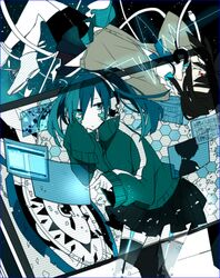  2girls akina422 bad_id bad_pixiv_id black_hair ene_(kagerou_project) ene_no_dennou_kikou_(vocaloid) enomoto_takane green_eyes green_hair headphone_actor_(vocaloid) headphones jacket kagerou_project long_hair multiple_girls red_eyes school_uniform skirt twintails 