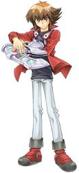  brown_hair duel_disk highres male male_focus multi-colored_hair multicolored_hair pile_of_cards short_hair slifer_red_uniform solo winged_kuriboh yu-gi-oh! yuu-gi-ou_(card) yuu-gi-ou_gx yuuki_juudai 