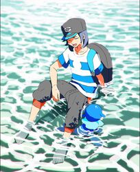  1boy arm_support backpack bag barefoot baseball_cap black_hair buntatta capri_pants closed_eyes commentary_request elio_(pokemon) hat highres male_focus open_mouth pants partially_submerged pokemon pokemon_(creature) pokemon_sm popplio shirt sitting striped_clothes striped_shirt t-shirt water 