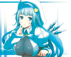  blue_eyes blue_hair blush breasts cleavage commentary_request facial_mark female hat large_breasts long_hair original photoshop_(medium) puffy_sleeves simple_background smile solo star_(symbol) star_facial_mark wakame 