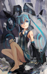  aqua_eyes aqua_hair barefoot commentary_request cup digital_media_player feet female hatsune_miku headphones ipod ipod_nano ipod_touch kari_kenji long_hair mug photoshop_(medium) sitting smile solo speaker twintails vocaloid 