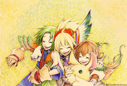  blonde_hair brown_hair dawn_of_mana eldy feathers gloves green_hair lekius rabite ritzia seiken_densetsu seiken_densetsu_4 