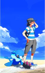  1boy adjusting_hair backpack bag baseball_cap beach black_hair blue_sky buntatta capri_pants cloud commentary_request day elio_(pokemon) hand_on_own_hip hat looking_afar male_focus outdoors pants pokemon pokemon_(creature) pokemon_sm popplio pyukumuku sand shirt sky smile striped_clothes striped_shirt t-shirt 