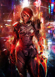  blood blood_on_face blue_eyes city commander_shepard commander_shepard_(female) commentary cowboy_shot energy_blade female lens_flare lips mass_effect_(series) mass_effect_3 muju n7_armor omnitool outdoors photoshop_(medium) red_hair short_hair solo 