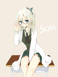  adjusting_eyewear bespectacled blonde_hair blue_eyes boku_wa_tomodachi_ga_sukunai butterfly_hair_ornament character_name collarbone commentary_request desk female frown glasses hair_ornament kashiwazaki_sena lab_coat long_hair looking_at_viewer peanuts_(ennuim) plaid plaid_skirt pleated_skirt ponytail school_desk school_uniform semi-rimless_eyewear simple_background sitting skirt solo st._chronica_academy_school_uniform under-rim_eyewear 