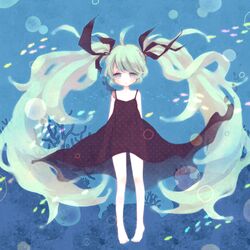  ahoge asahi_(pamuko) barefoot black_dress commentary_request dress female fish green_eyes green_hair hair_ribbon hatsune_miku highres long_hair ribbon see-through shinkai_shoujo_(vocaloid) solo twintails underwater very_long_hair vocaloid 