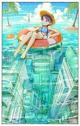  afloat ball barefoot beachball black_hair border building city commentary_request cup day drinking drinking_glass drinking_straw female fish food from_above fruit hat horizon immersed innertube island lime_(fruit) midriff ocean original purple_eyes rooftop rope scenery silhouette sitting sky solo straw_hat surreal swim_ring swimsuit tati_tachiko tower underwater_city 