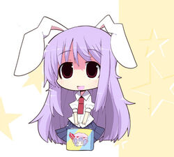  animal_ears bag chibi commentary_request female ladfa long_hair photoshop_(medium) purple_hair rabbit_ears red_eyes reisen_udongein_inaba remilia_scarlet shopping_bag solo touhou 