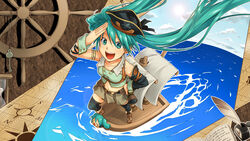  boat green_eyes green_hair hachune_miku hat hatsune_miku junji long_hair pirate thigh-highs twintails vocaloid water 