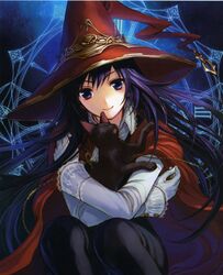  amazio_komeko blue_eyes blue_hair clock copyright_request feline female gloves hat highres long_hair non-web_source smile solo witch witch_hat 