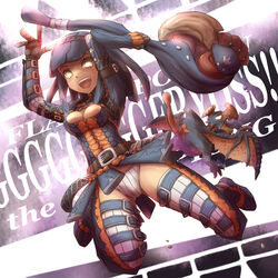  arms_up belt black_hair breasts cleavage cleavage_cutout clothing_cutout commentary_request dragon female gloves gypceros gypceros_(armor) hairband medium_breasts monster_hunter_(character) monster_hunter_(series) open_mouth photoshop_(medium) solo staff tail thighhighs tsukigami_chronica weapon wings yellow_eyes 