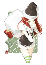  :d bad_id bad_pixiv_id black_hat blush box bracelet candy cropped_legs dress elbow_gloves female food fur_trim gift gift_box gloves green_eyes hat holding jewelry lollipop long_hair mgg_(x_arte) open_mouth original outside_border red_hair ribbon-trimmed_dress sack santa_costume santa_hat sleeveless sleeveless_dress smile solo striped_clothes striped_thighhighs swirl_lollipop thigh_gap thighhighs white_gloves 